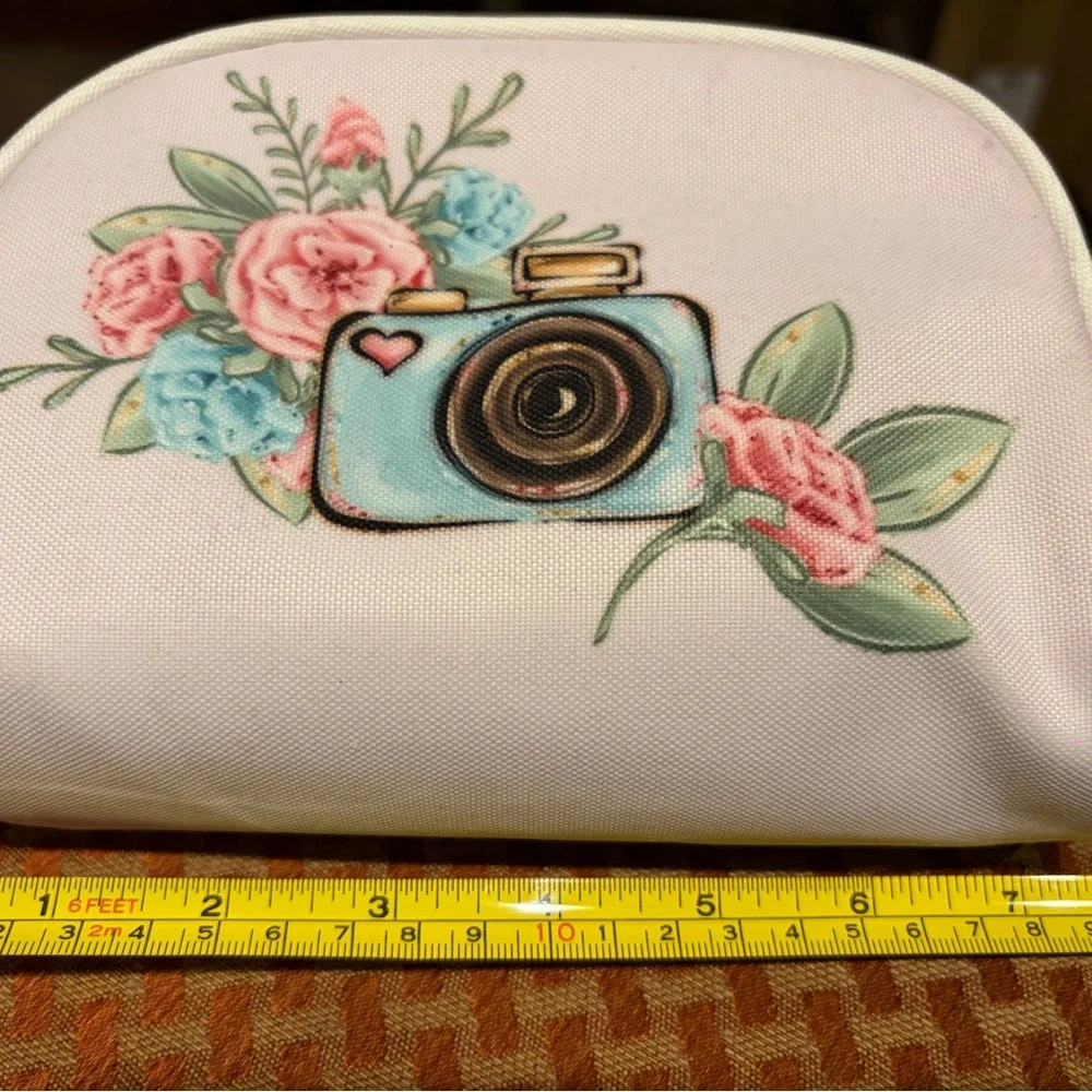 Floral Camera Cosmetic Pouch - White with Pink & Blue Accents